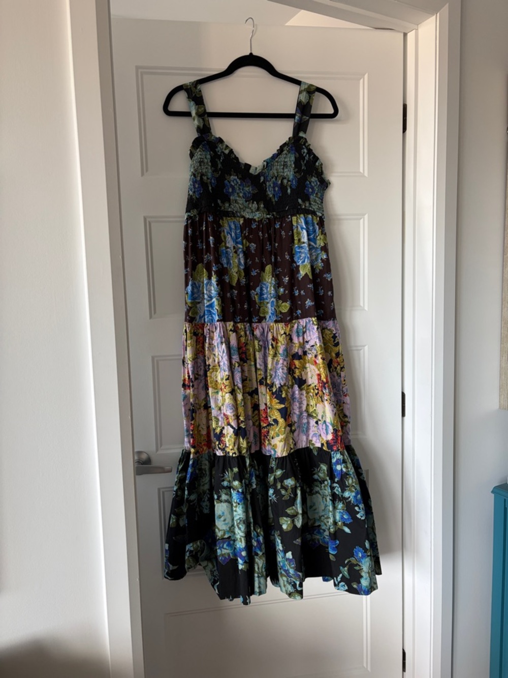 Free People Floral Tiered Maxi Dress in Black, Blue, Green, Brown